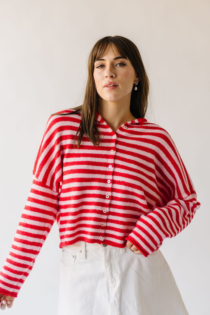 The Riggs Button-Down Sweater in Pink + Red Stripe