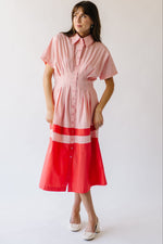 The Pierson Colorblock Pleated Midi Dress in Pink + Red