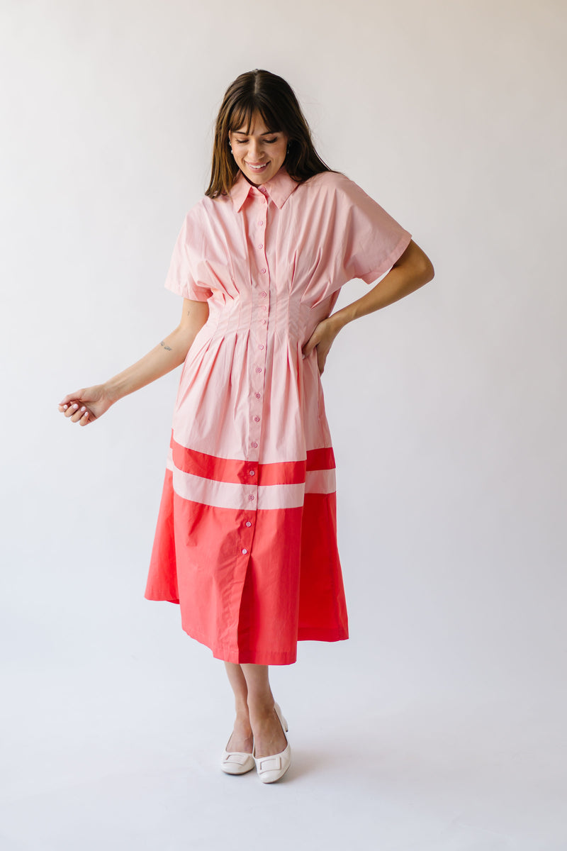 The Pierson Colorblock Pleated Midi Dress in Pink + Red