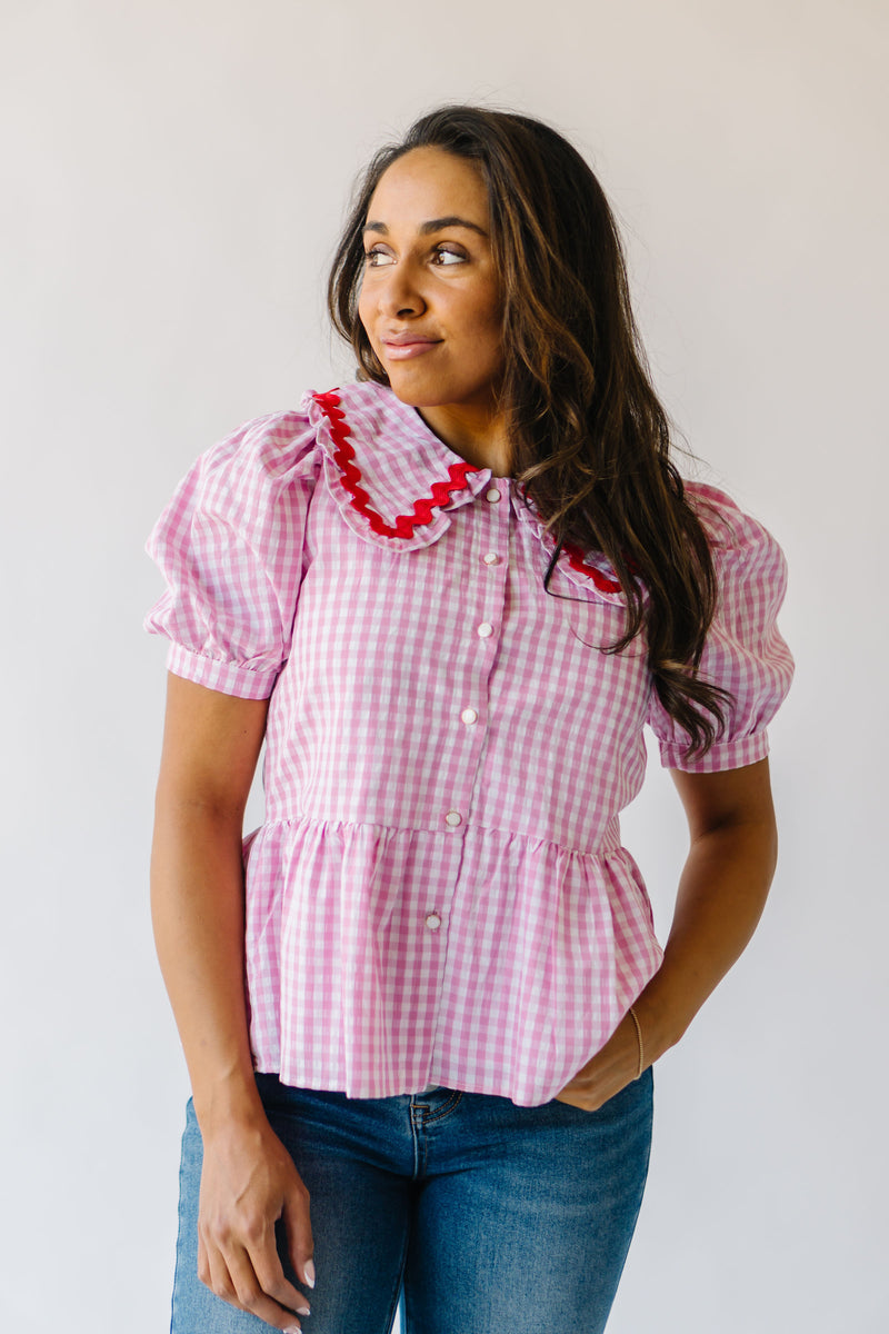 The Evenson Collared Gingham Peplum in Pink