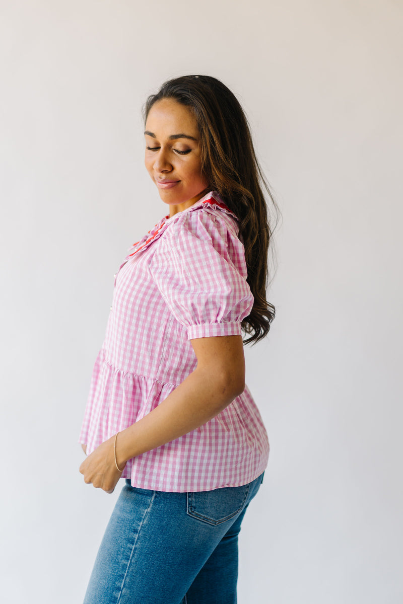 The Evenson Collared Gingham Peplum in Pink