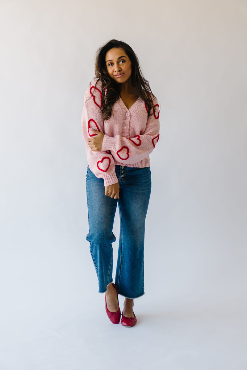 The Dobson Heart Embroidered Cardigan in Pink