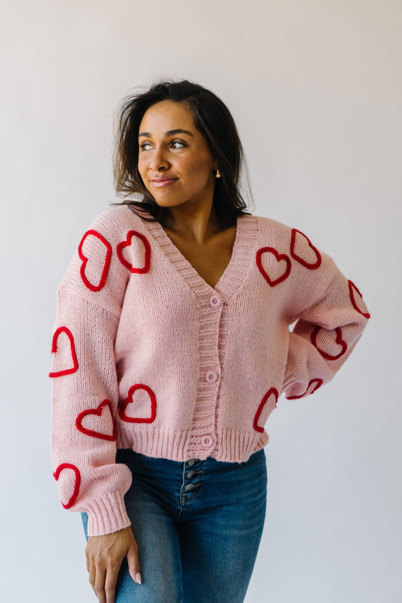 The Dobson Heart Embroidered Cardigan in Pink