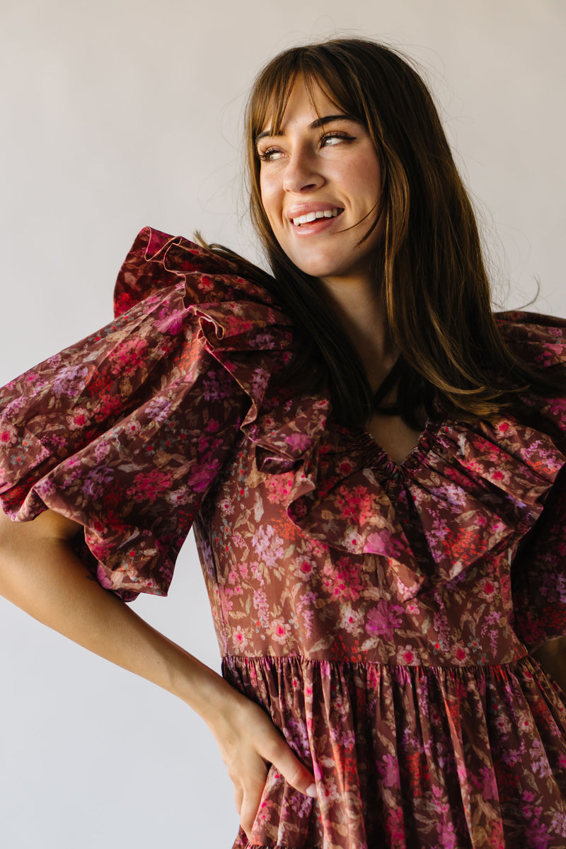 The Timmins Ruffle Floral Dress in Brown Multi