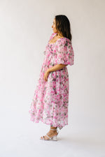 The Styron Puff Sleeve Midi Dress in Pink Floral