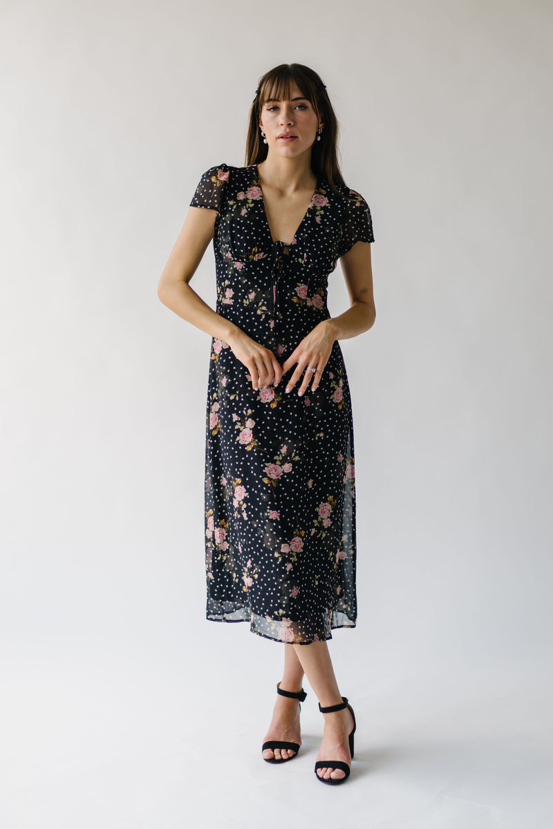 The Catrina V-Neck Floral Midi Dress in Black