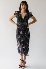 The Catrina V-Neck Floral Midi Dress in Black