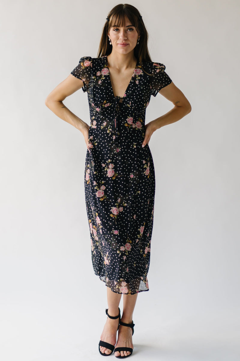 The Catrina V-Neck Floral Midi Dress in Black