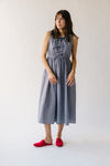 The Margery Striped Bow Detail Midi Dress in Denim + White