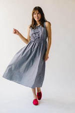 The Margery Striped Bow Detail Midi Dress in Denim + White