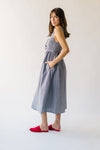 The Margery Striped Bow Detail Midi Dress in Denim + White