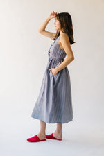 The Margery Striped Bow Detail Midi Dress in Denim + White