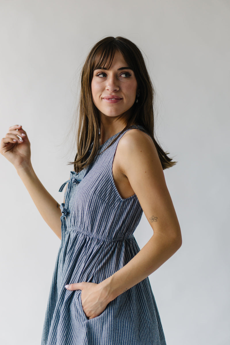 The Margery Striped Bow Detail Midi Dress in Denim + White