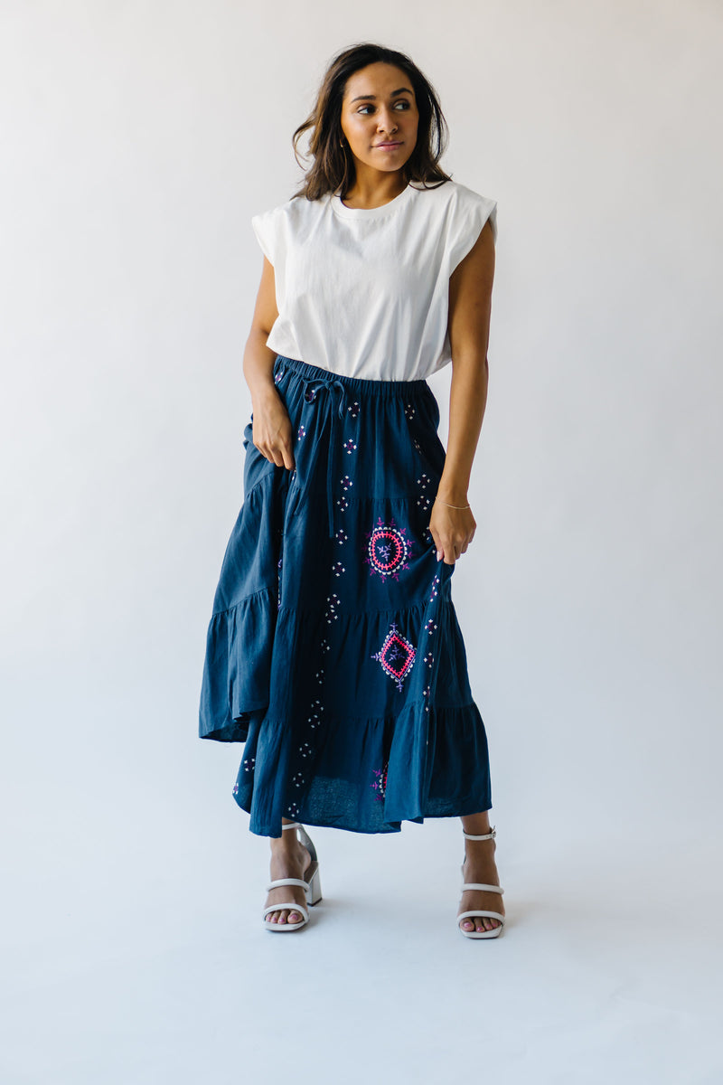 The Finnigan Embroidered Linen Maxi Skirt in Dark Navy