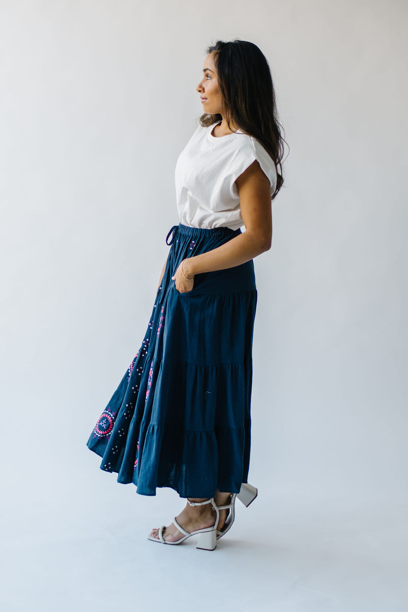 The Finnigan Embroidered Linen Maxi Skirt in Dark Navy