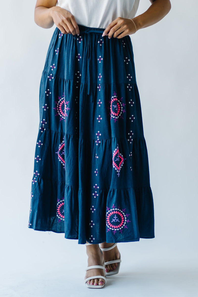 The Finnigan Embroidered Linen Maxi Skirt in Dark Navy