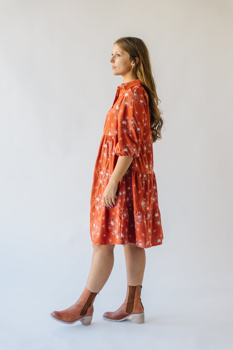 The Kailen Button-Down Patterned Dress in Rust