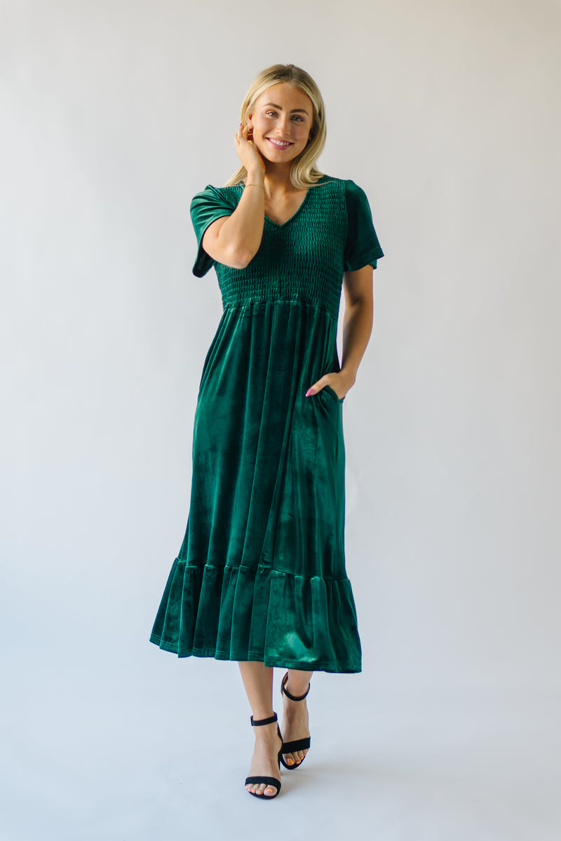 The Noonan Velvet Midi Dress in Hunter Green