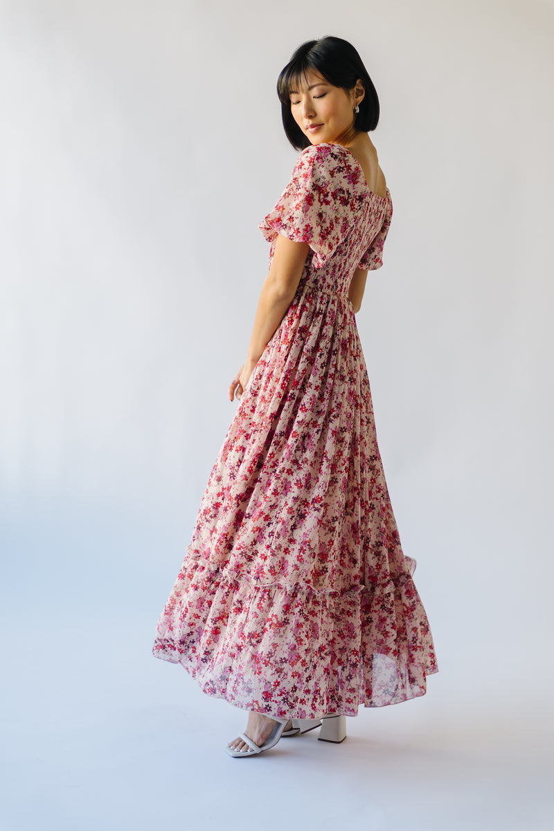 The Seneca Ditsy Floral Print Midi Dress in Pink Multi