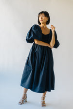 The Styron Puff Sleeve Midi Dress in Navy