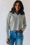 The Kircher Collared V-Neck Sweater in Black + White Stripe