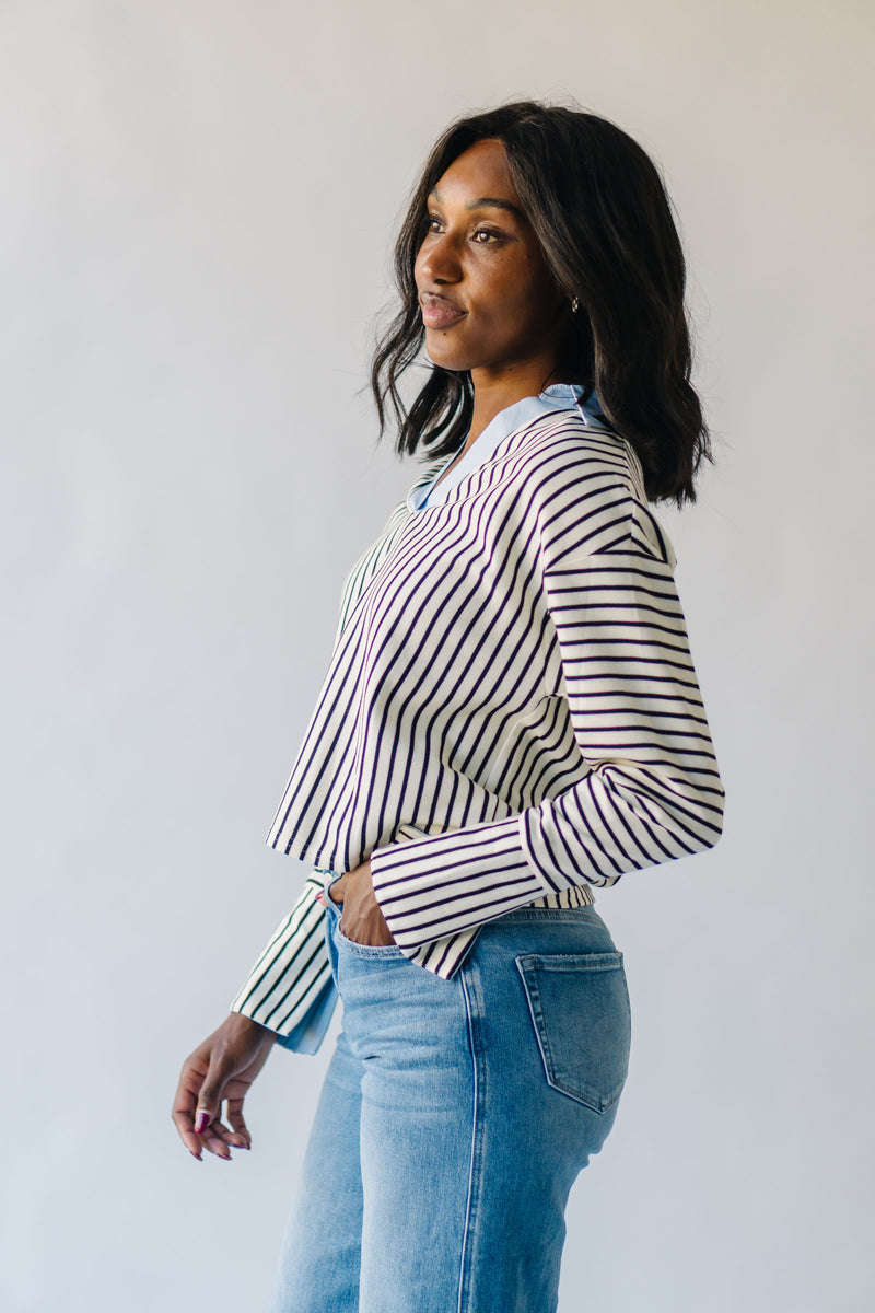 The Kircher Collared V-Neck Sweater in Black + White Stripe