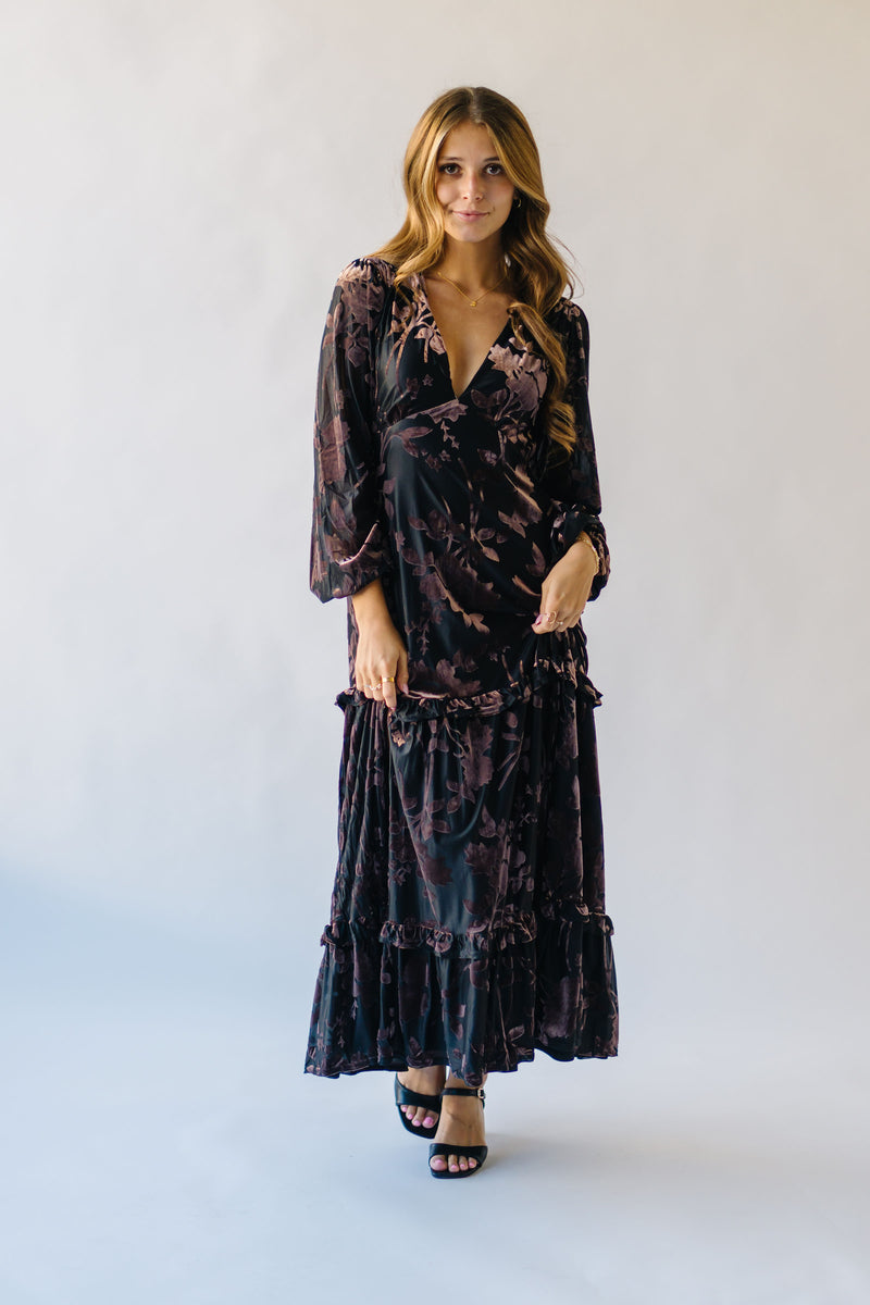 The Katalin Velvet V-Neck Maxi Dress in Black