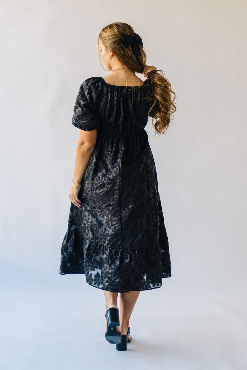 The Cambra Puff Sleeve Midi Dress in Black