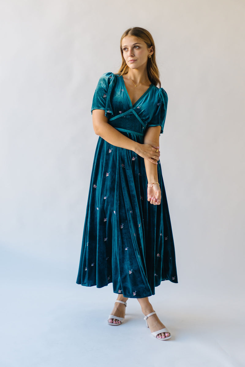 The Rosado Floral Embroidered Velvet Midi Dress in Emerald