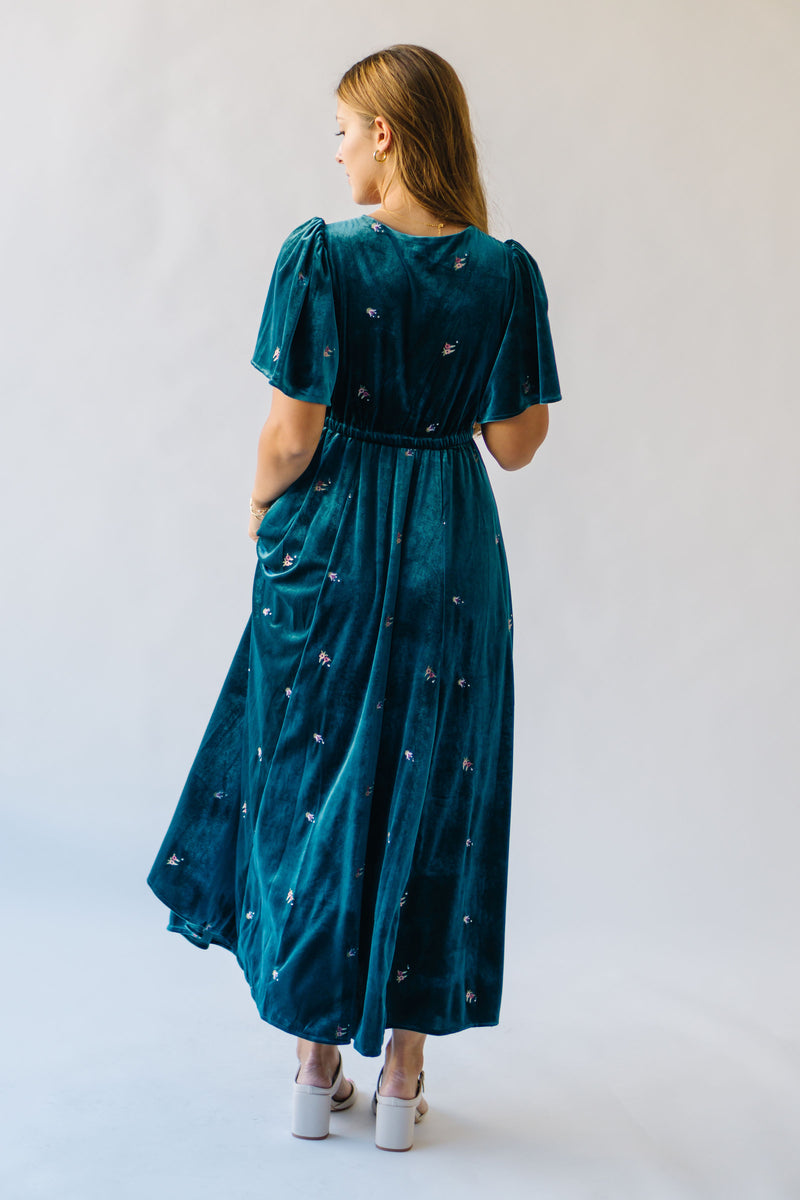 The Rosado Floral Embroidered Velvet Midi Dress in Emerald