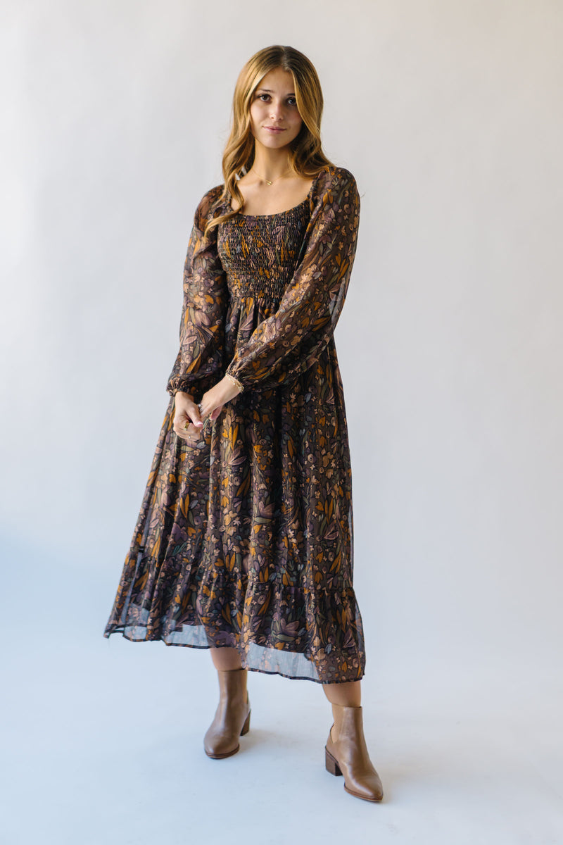 The Rosenbaum Smocked Floral Midi Dress in Charcoal