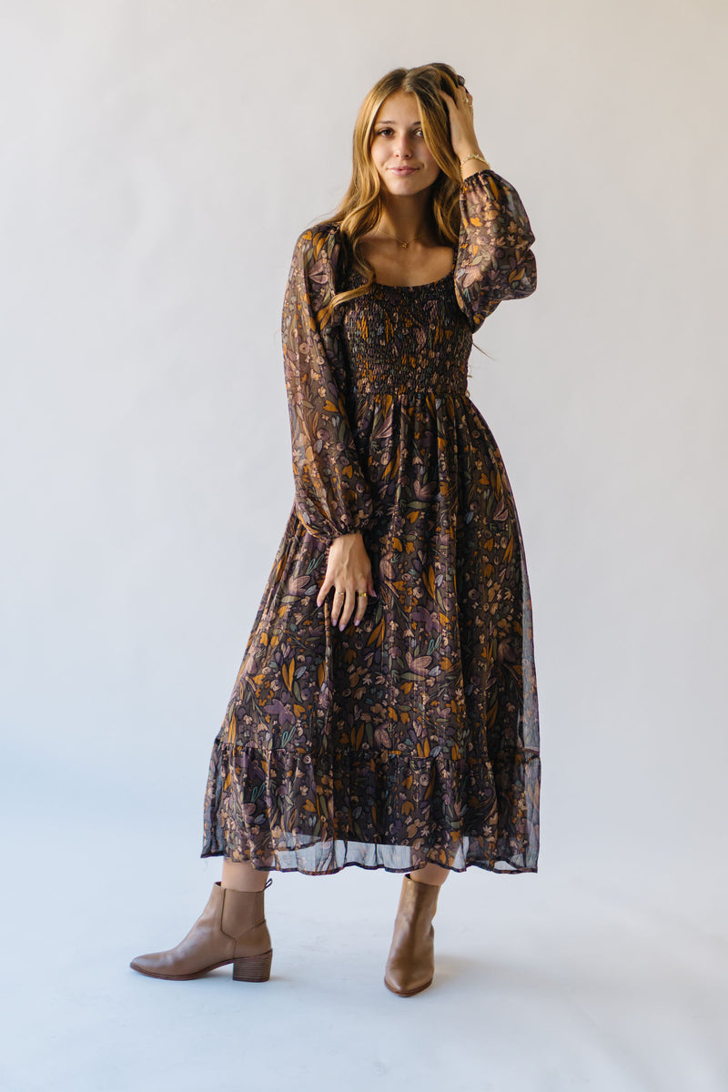 The Rosenbaum Smocked Floral Midi Dress in Charcoal