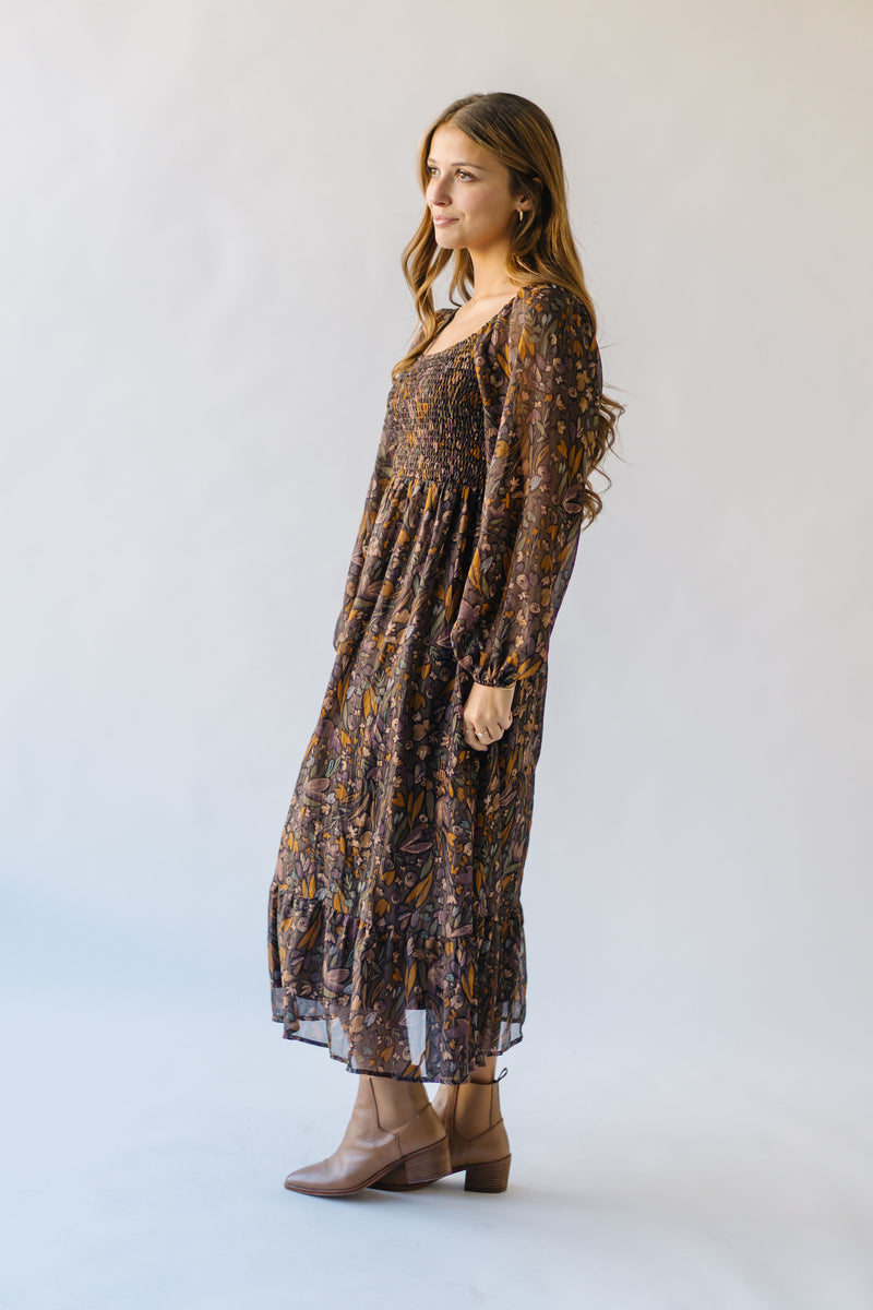 The Rosenbaum Smocked Floral Midi Dress in Charcoal