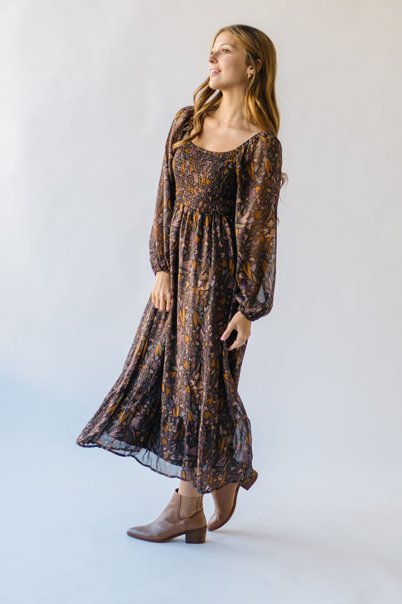 The Rosenbaum Smocked Floral Midi Dress in Charcoal