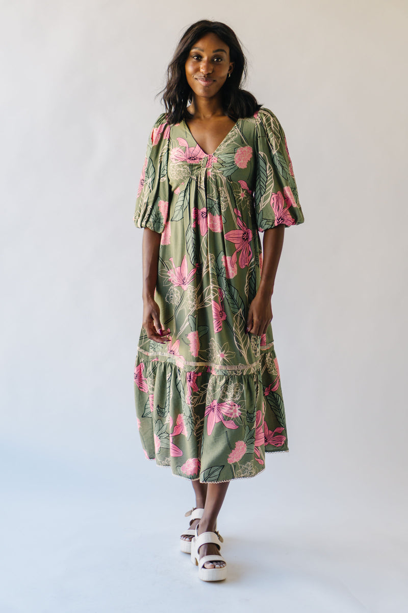 The Windley Knot Front Floral Maxi Dress in Olive