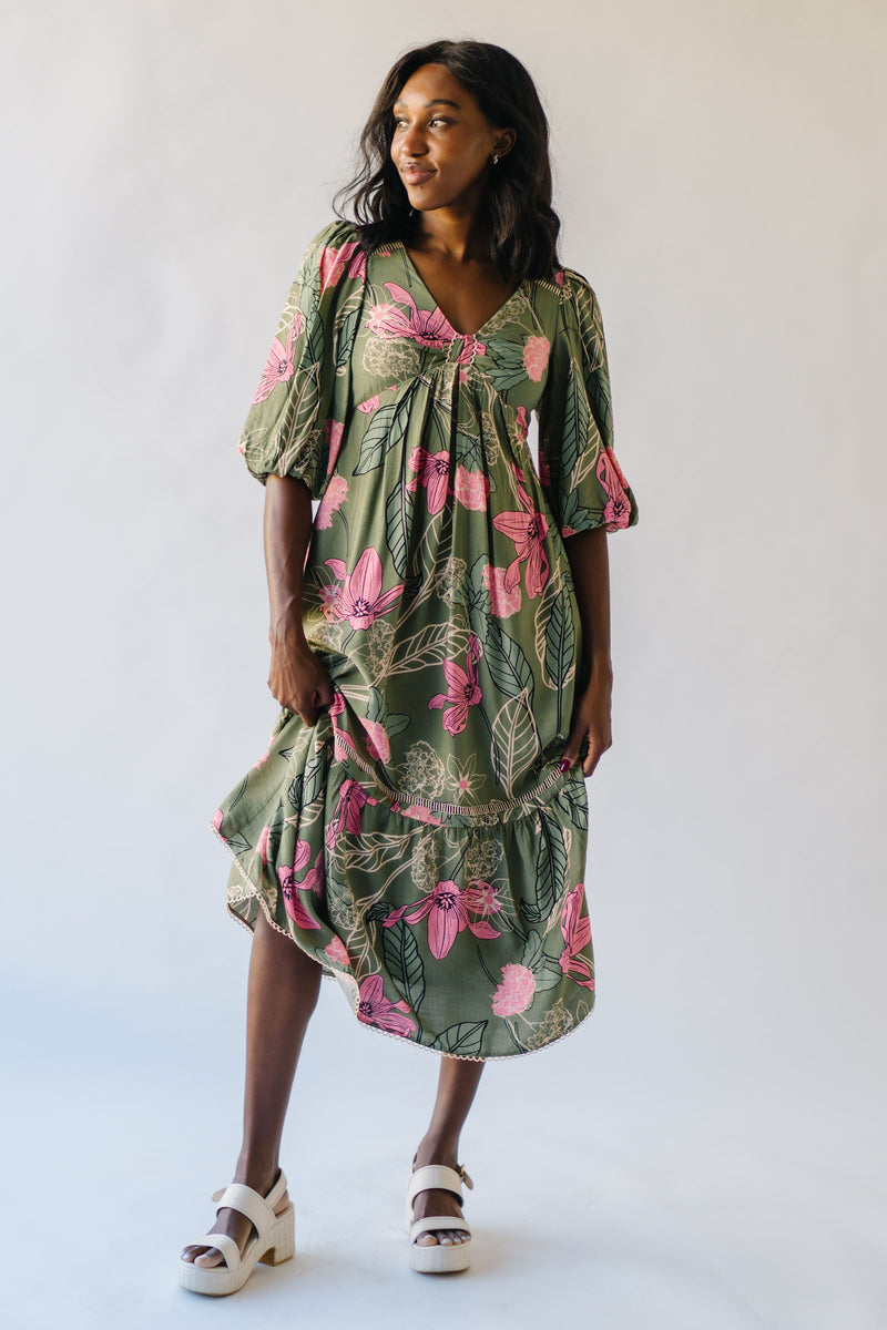 The Windley Knot Front Floral Maxi Dress in Olive