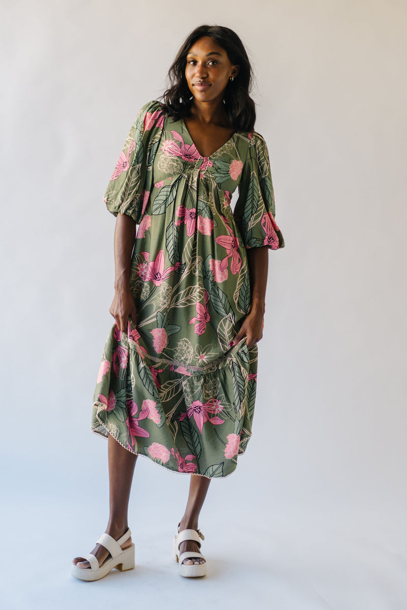 The Windley Knot Front Floral Maxi Dress in Olive