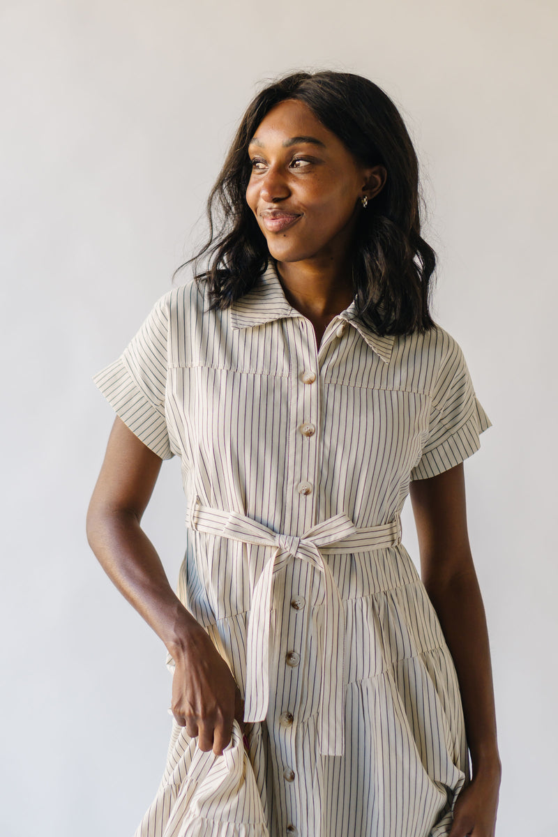 The Lorash Belted Maxi Dress in Cream + Black Stripe