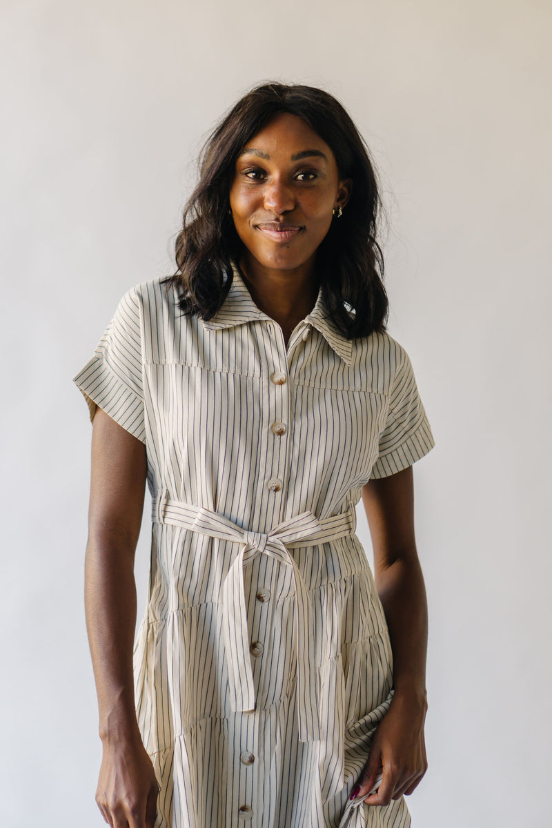 The Lorash Belted Maxi Dress in Cream + Black Stripe