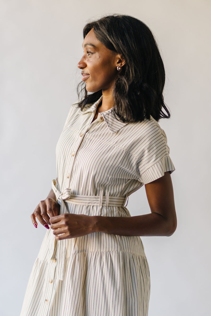 The Lorash Belted Maxi Dress in Cream + Black Stripe