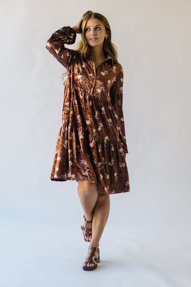 The Thweatt Floral Detail Dress in Brown Velvet