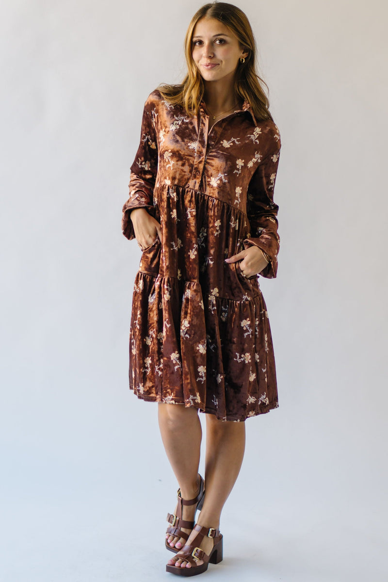 The Thweatt Floral Detail Dress in Brown Velvet