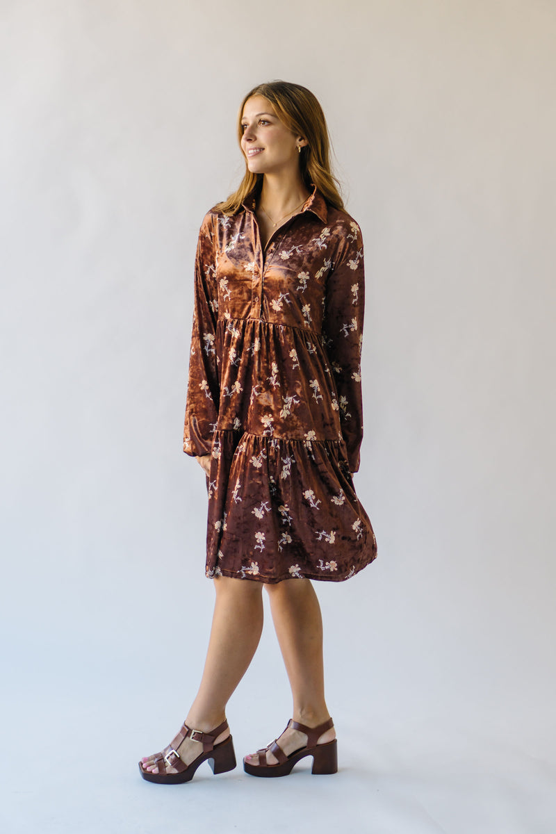 The Thweatt Floral Detail Dress in Brown Velvet