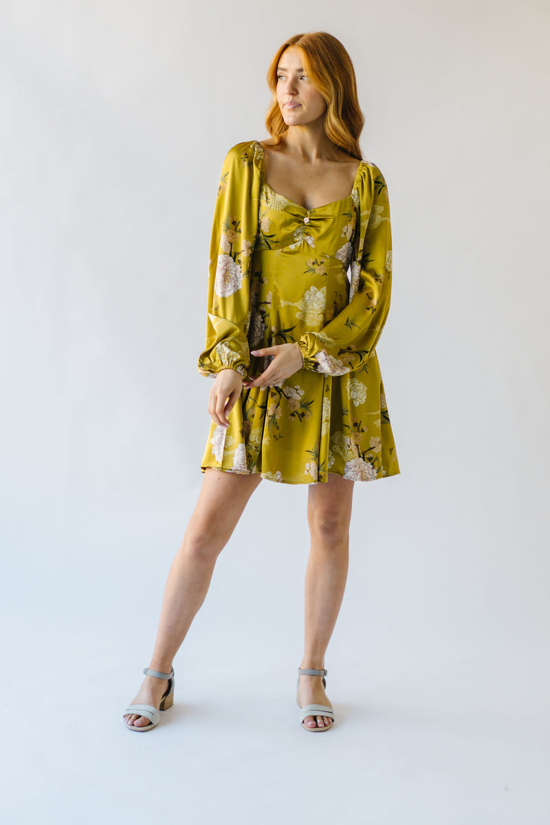 The Quintero Flared Satin Dress in Golden Yellow