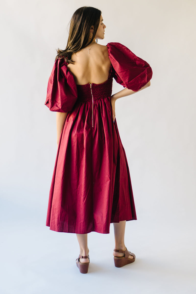 The Styron Puff Sleeve Midi Dress in Ruby