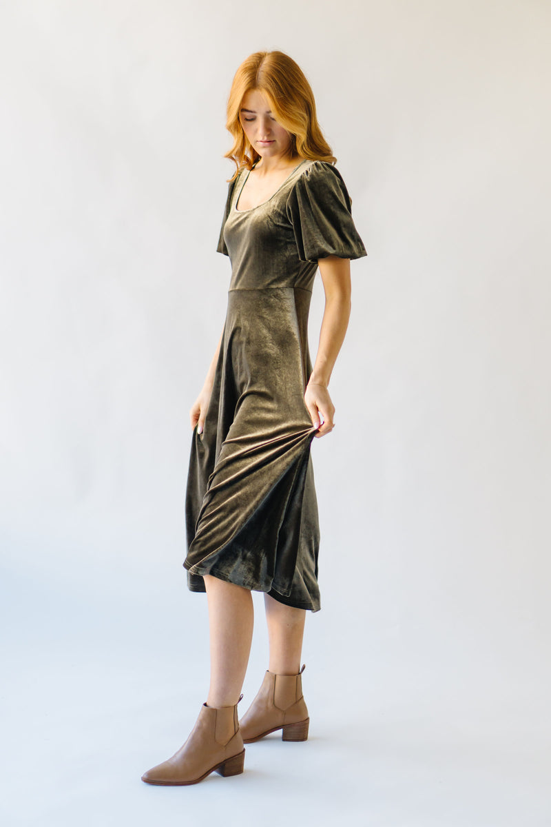 The Dalling Velvet Midi Dress in Dark Olive