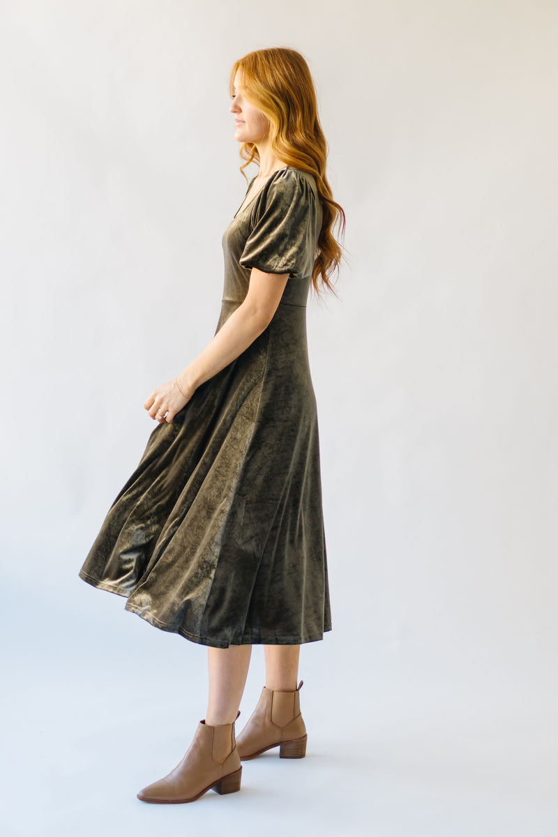 The Dalling Velvet Midi Dress in Dark Olive