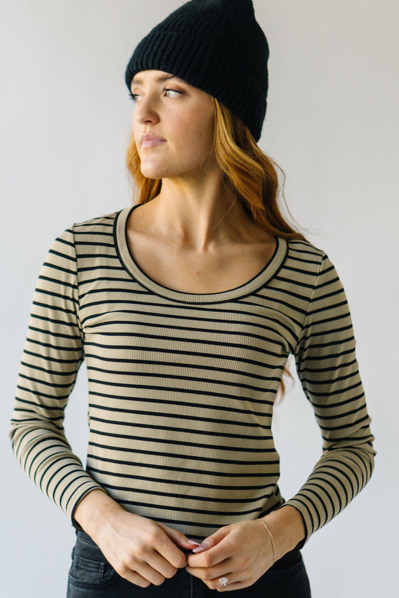 The Razia Striped Long Sleeve Tee in Olive + Black