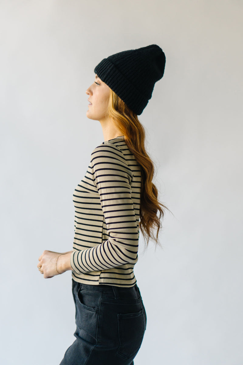 The Razia Striped Long Sleeve Tee in Olive + Black