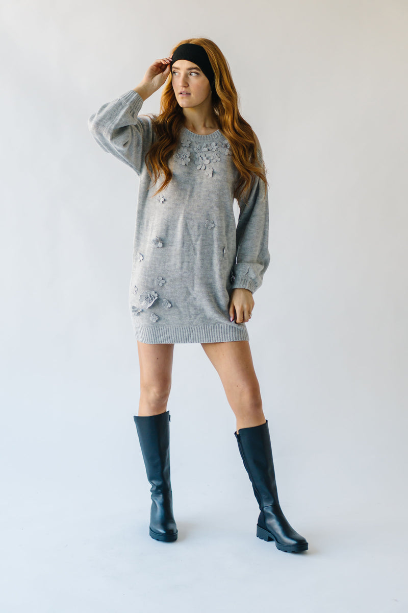 The Beeson Floral Applique Sweater Dress in Heather Grey